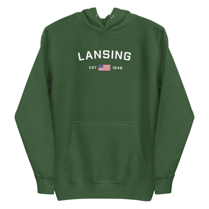 'Lansing EST 1848' Hoodie (w/. USA Flag Outline) | Unisex Premium - Circumspice Michigan