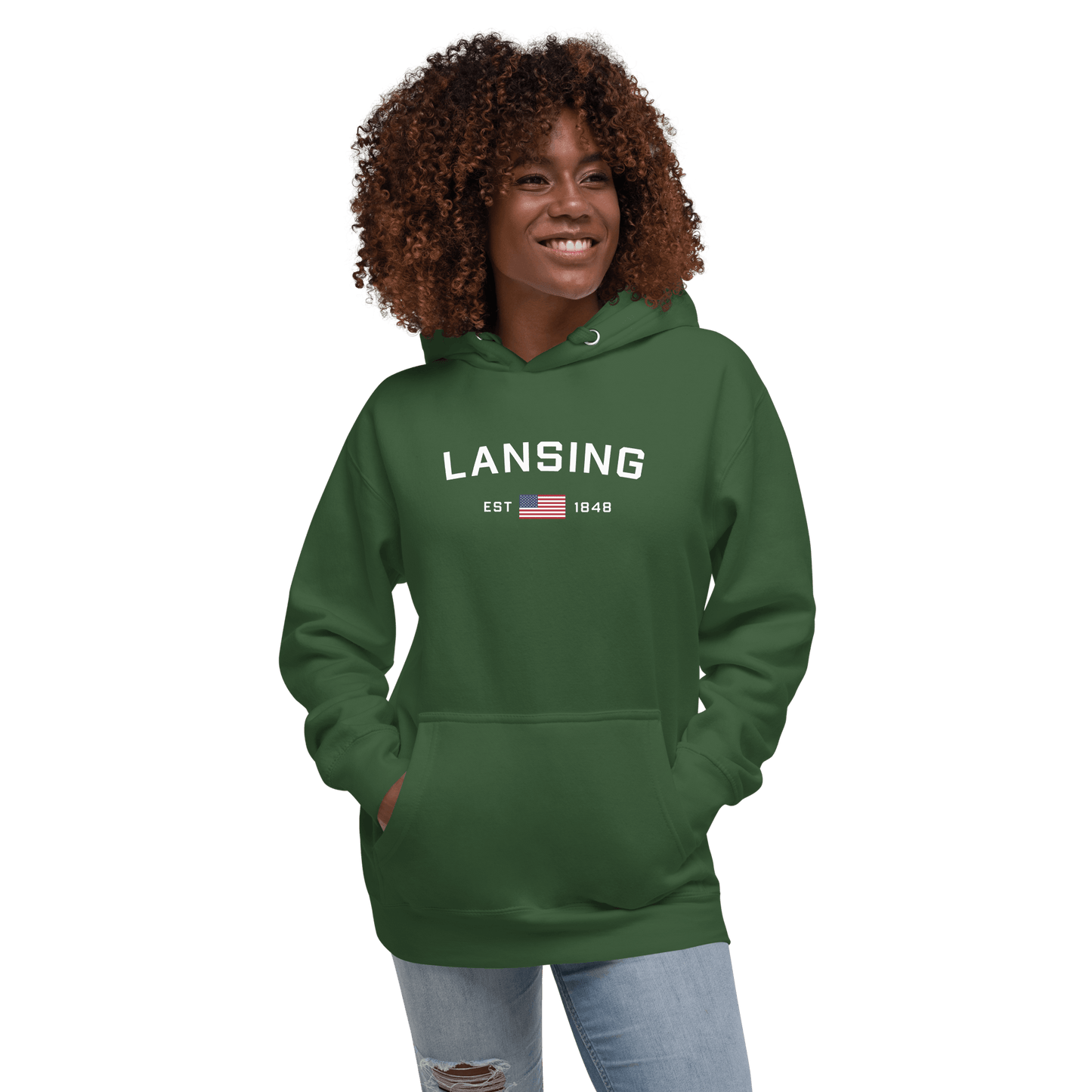 'Lansing EST 1848' Hoodie (w/. USA Flag Outline) | Unisex Premium - Circumspice Michigan