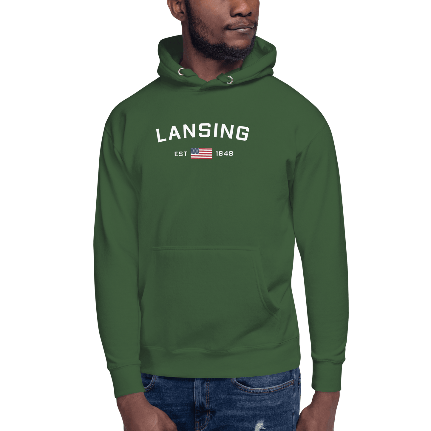 'Lansing EST 1848' Hoodie (w/. USA Flag Outline) | Unisex Premium - Circumspice Michigan