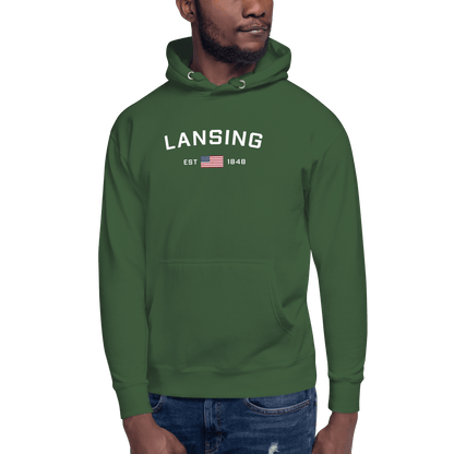 'Lansing EST 1848' Hoodie (w/. USA Flag Outline) | Unisex Premium - Circumspice Michigan