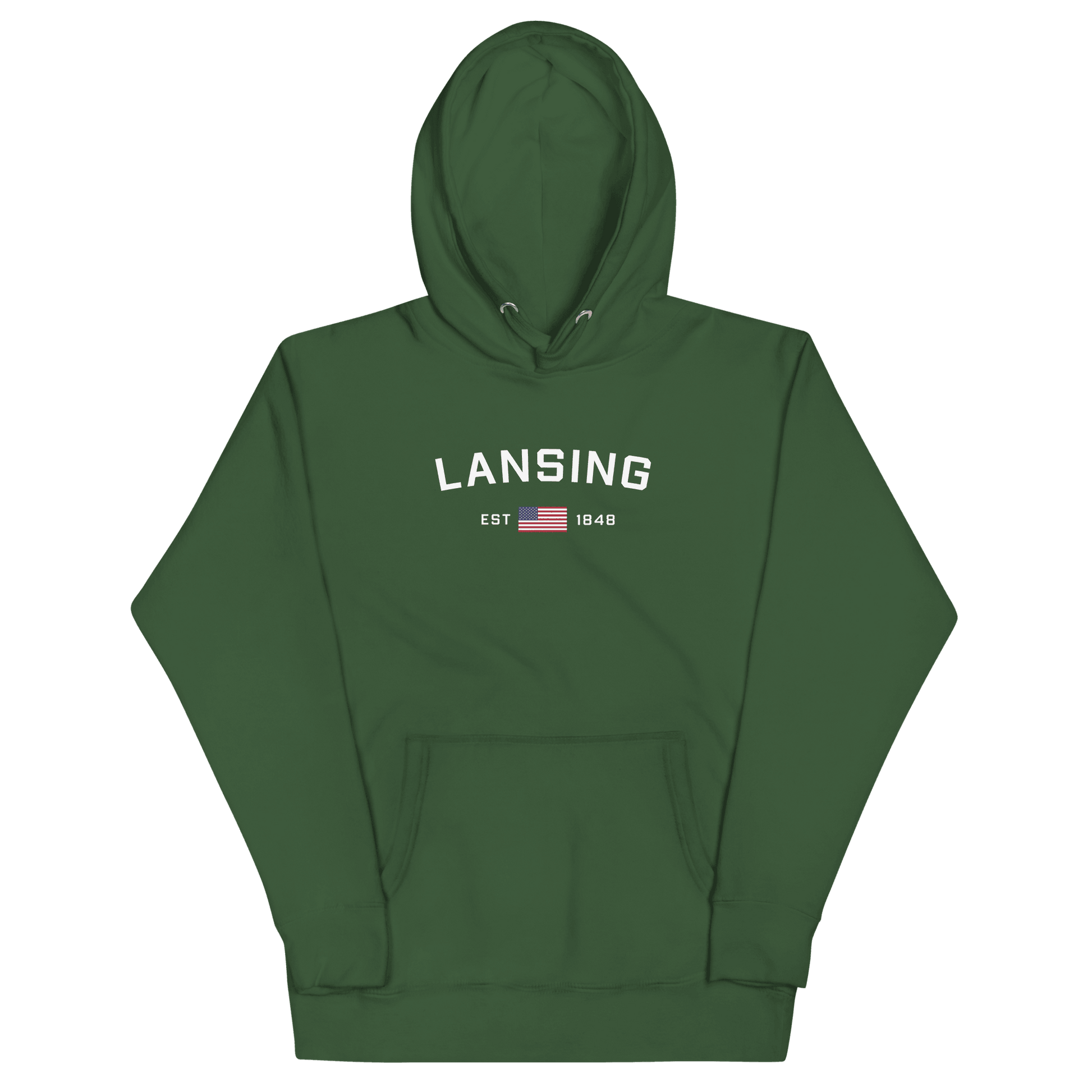 'Lansing EST 1848' Hoodie (w/. USA Flag Outline) | Unisex Premium - Circumspice Michigan