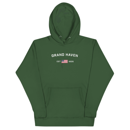 'Grand Haven EST 1835' Hoodie (w/ USA Flag Outline) | Unisex Premium - Circumspice Michigan