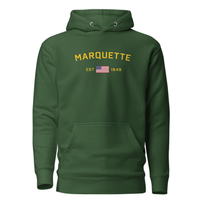 'Marquette EST 1849' Hoodie (Gold Type w/ USA Flag Outline) | Unisex Premium - Circumspice Michigan