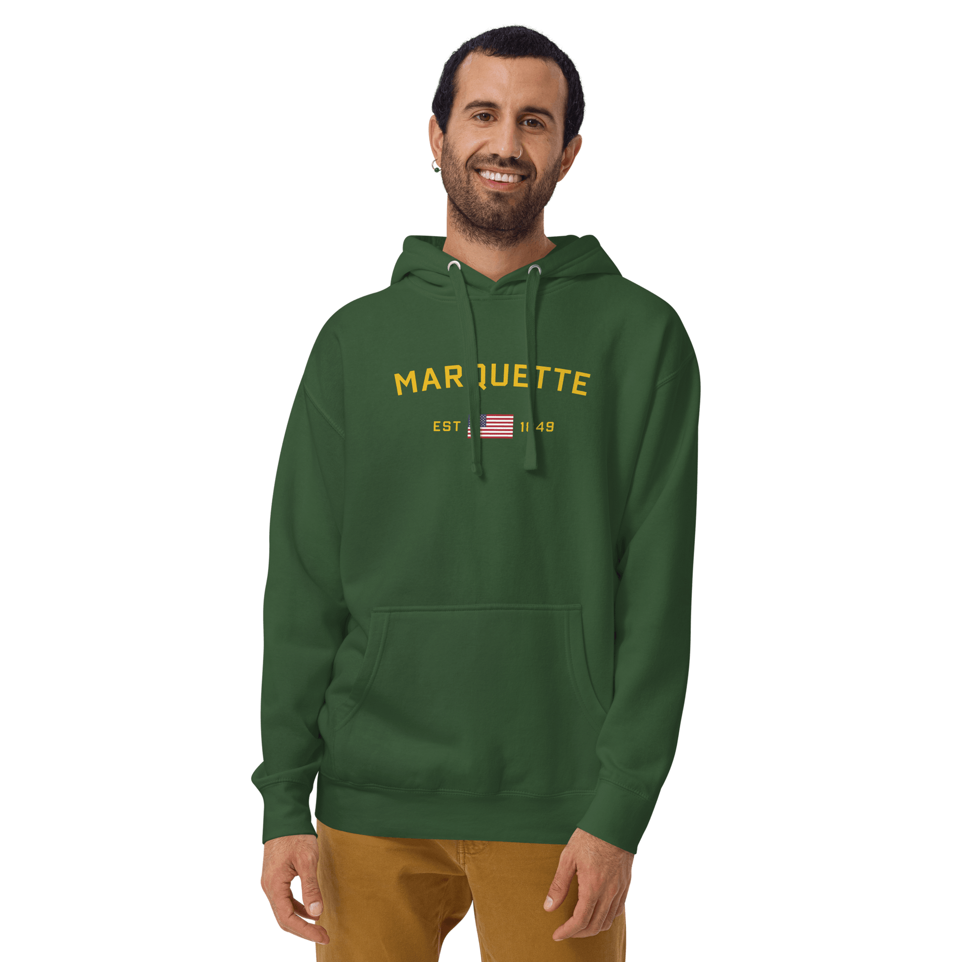 'Marquette EST 1849' Hoodie (Gold Type w/ USA Flag Outline) | Unisex Premium - Circumspice Michigan