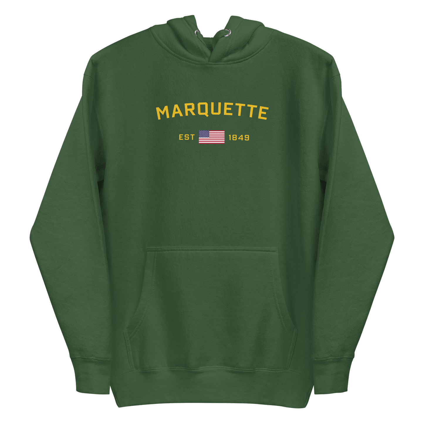 'Marquette EST 1849' Hoodie (Gold Type w/ USA Flag Outline) | Unisex Premium - Circumspice Michigan