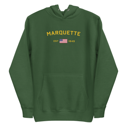 'Marquette EST 1849' Hoodie (Gold Type w/ USA Flag Outline) | Unisex Premium - Circumspice Michigan