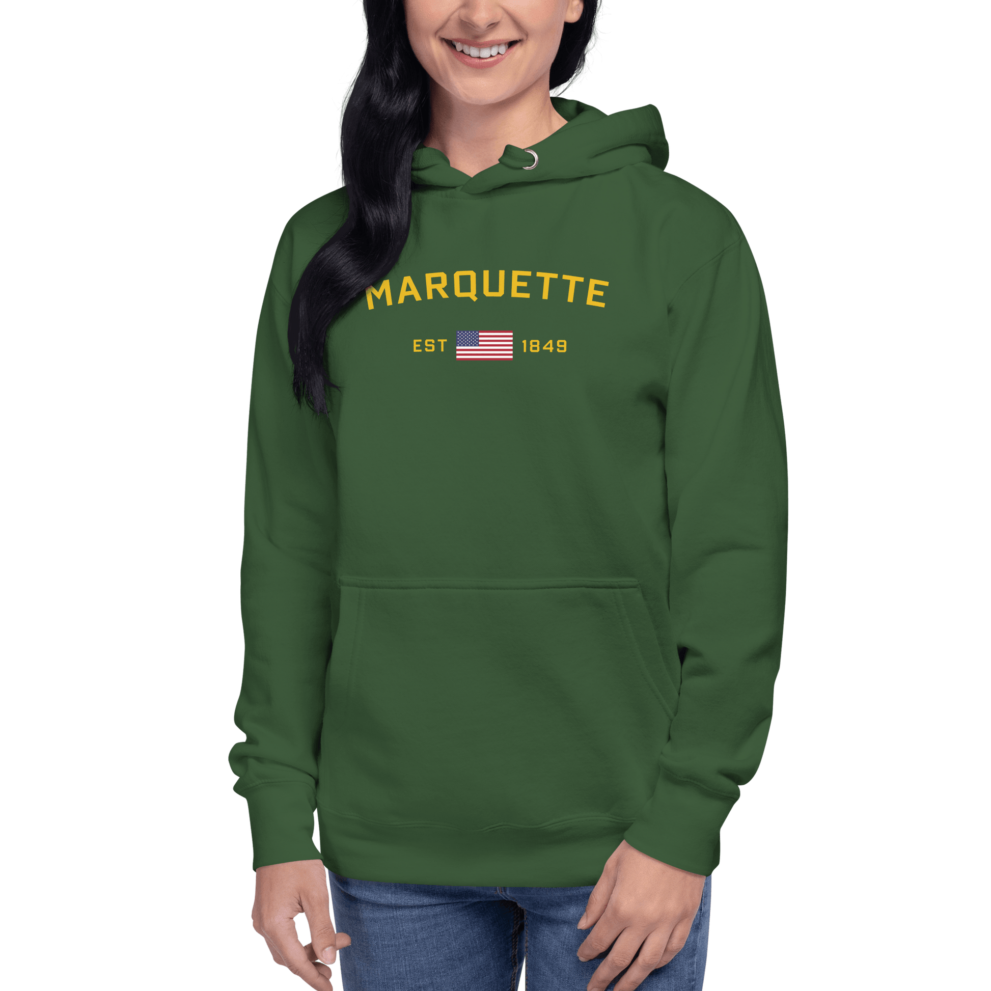 'Marquette EST 1849' Hoodie (Gold Type w/ USA Flag Outline) | Unisex Premium - Circumspice Michigan