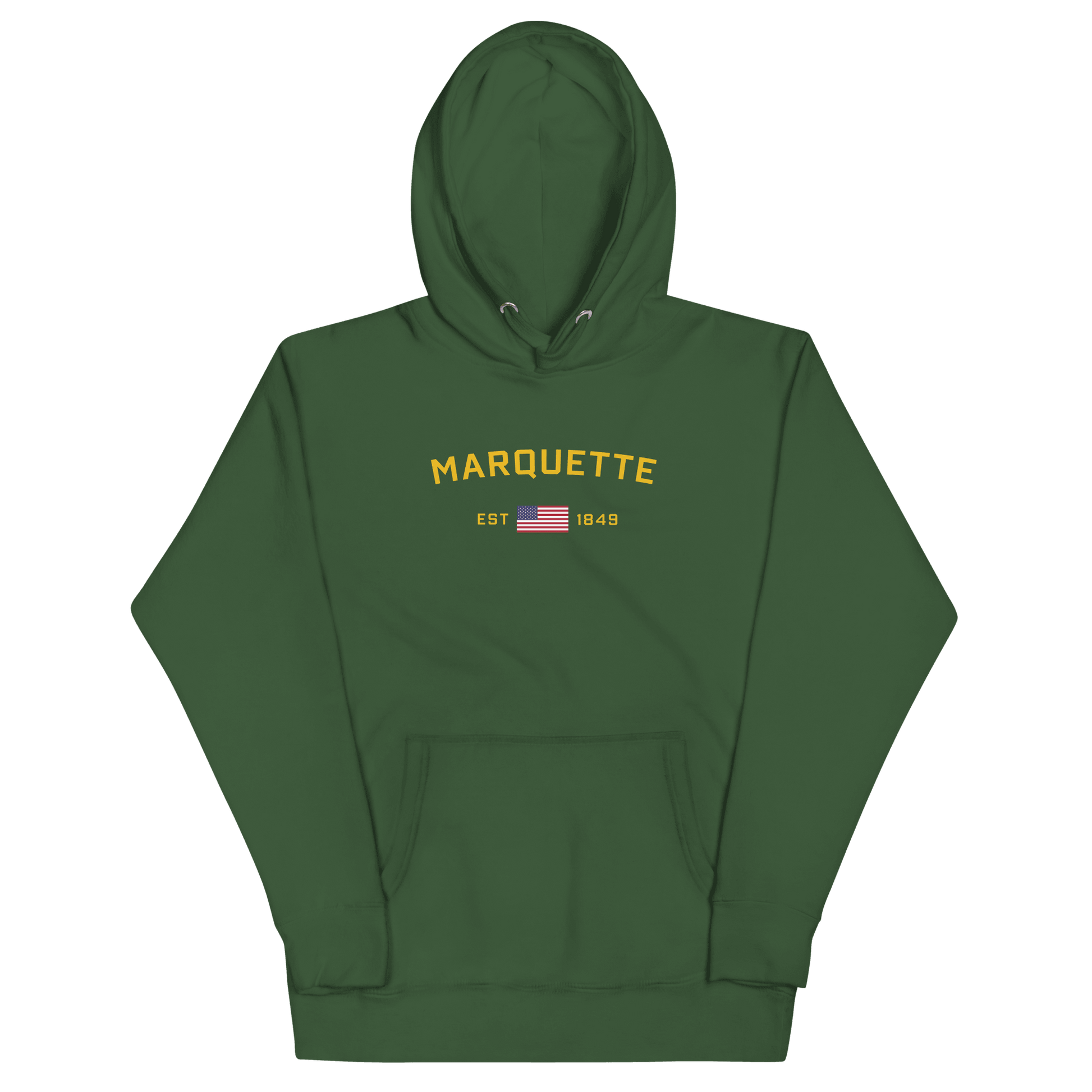 'Marquette EST 1849' Hoodie (Gold Type w/ USA Flag Outline) | Unisex Premium - Circumspice Michigan