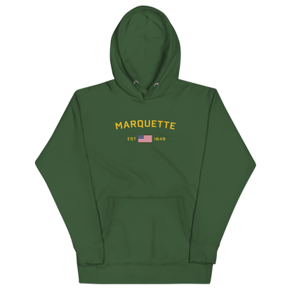 'Marquette EST 1849' Hoodie (Gold Type w/ USA Flag Outline) | Unisex Premium - Circumspice Michigan