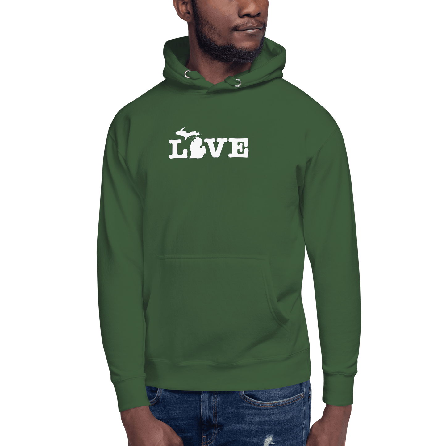 Michigan 'Love' Hoodie (Typewriter Font w/MI Outline) | Unisex Premium - Circumspice Michigan