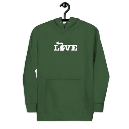 Michigan 'Love' Hoodie (Typewriter Font w/MI Outline) | Unisex Premium - Circumspice Michigan