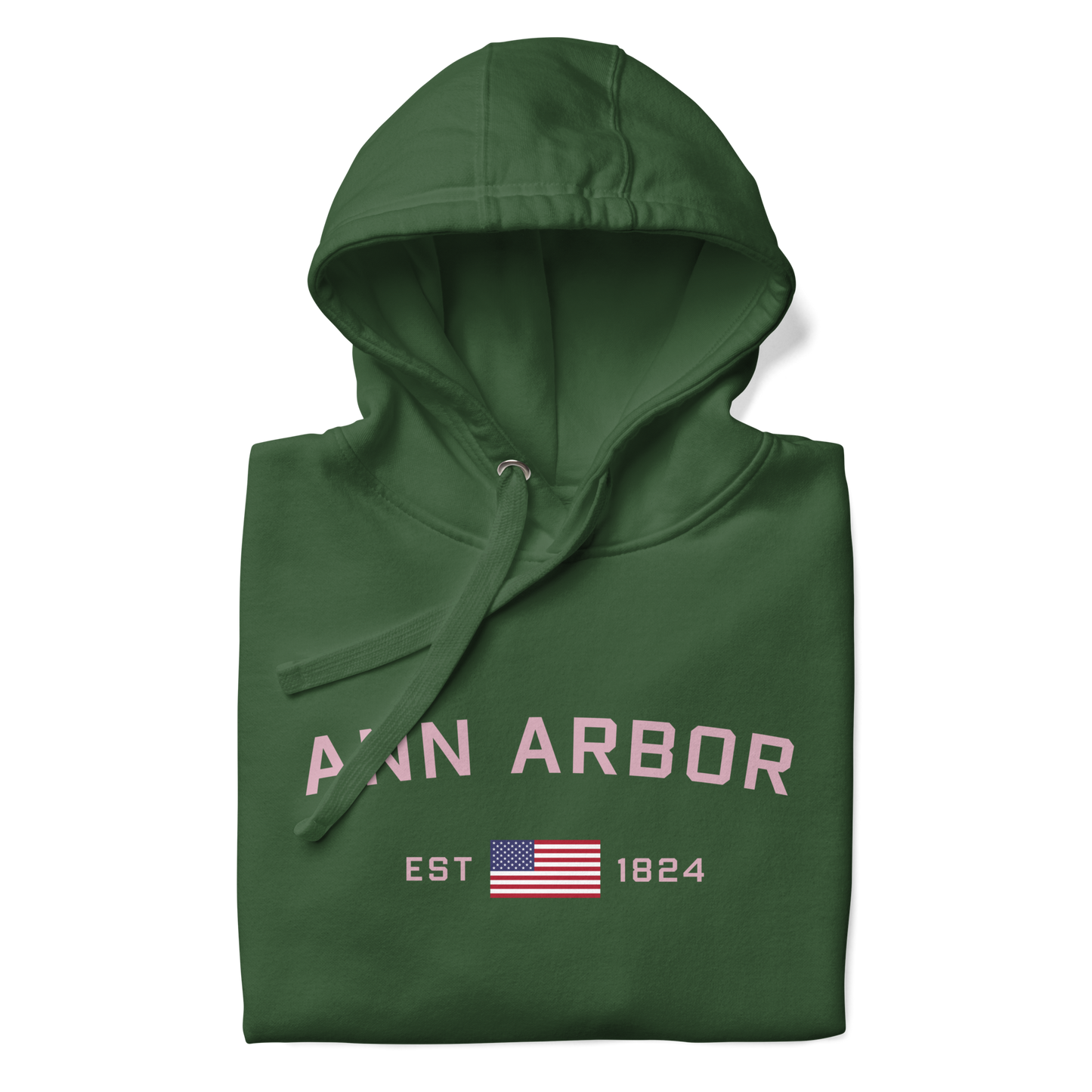 'Ann Arbor 1824' Unisex Premium Hoodie (Pink Type w/USA Flag Outline)