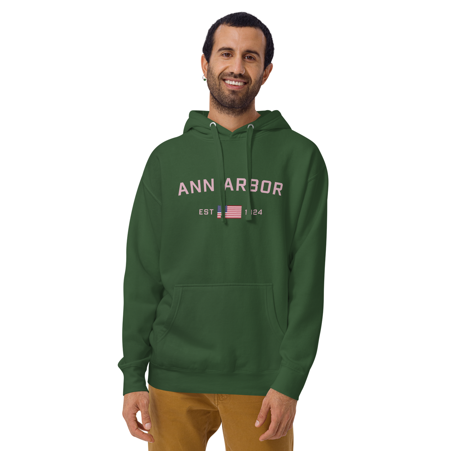 'Ann Arbor 1824' Unisex Premium Hoodie (Pink Type w/USA Flag Outline)