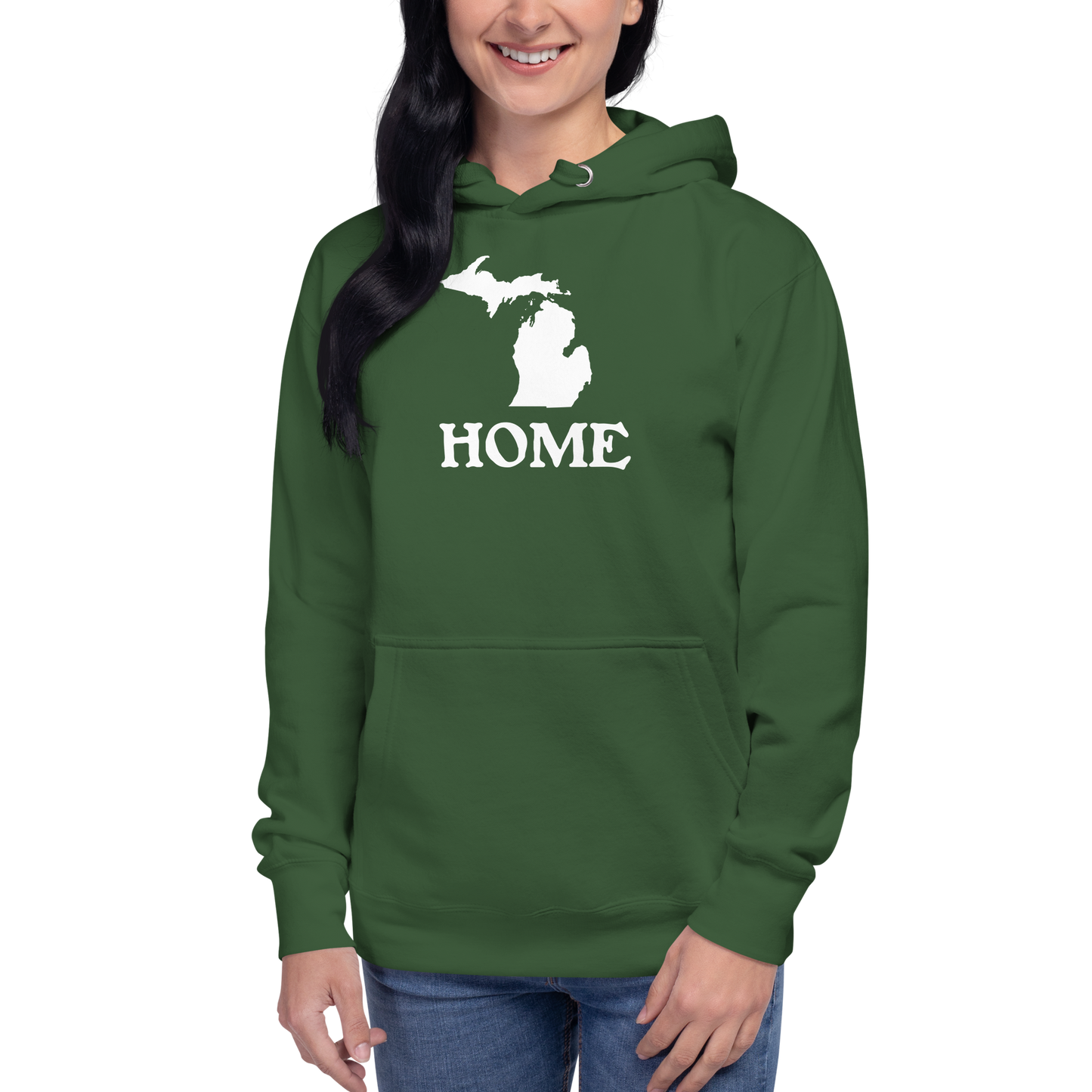 Michigan 'Home' Unisex Premium Hoodie (Woodcut Font w/ MI Outline)