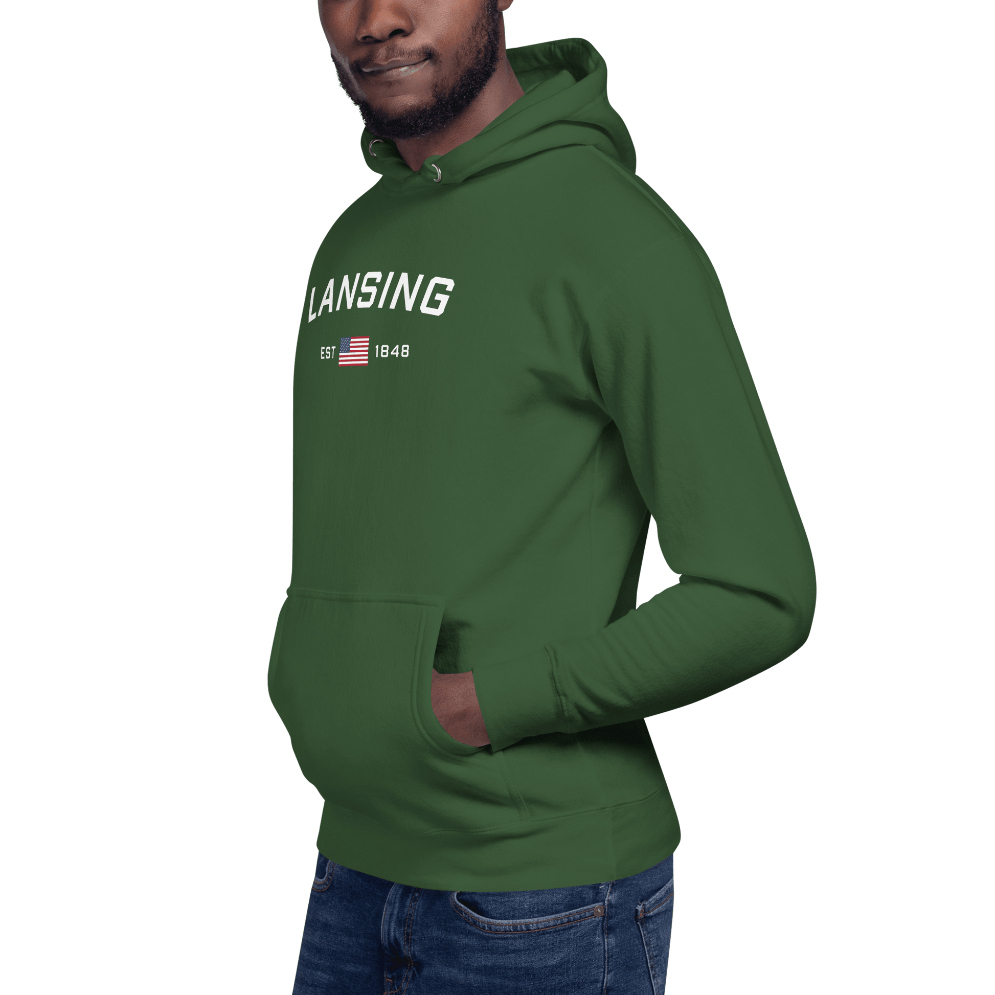 'Lansing EST 1848' Hoodie (w/. USA Flag Outline) | Unisex Premium - Circumspice Michigan