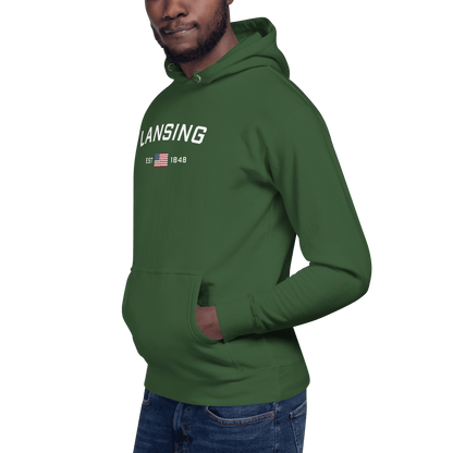 'Lansing EST 1848' Hoodie (w/. USA Flag Outline) | Unisex Premium - Circumspice Michigan