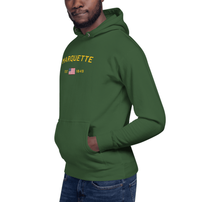 'Marquette EST 1849' Hoodie (Gold Type w/ USA Flag Outline) | Unisex Premium - Circumspice Michigan