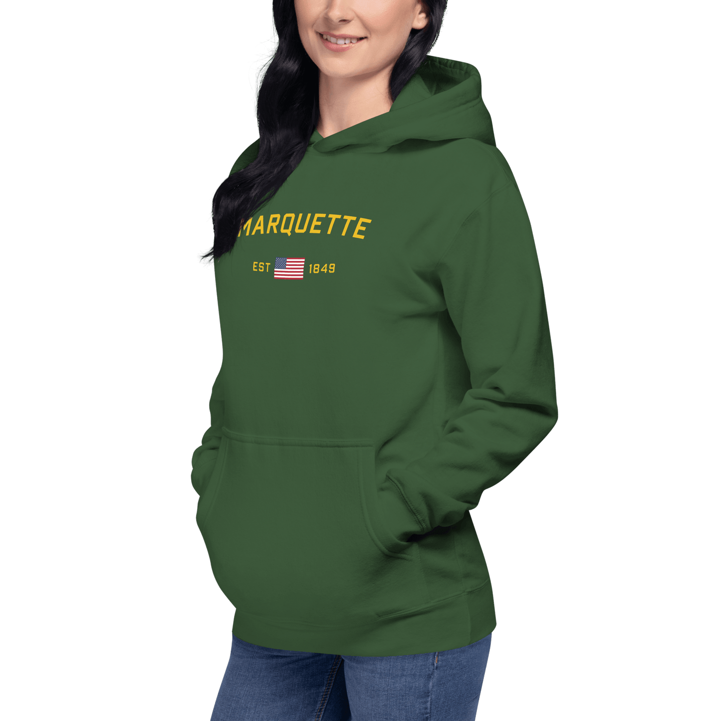 'Marquette EST 1849' Hoodie (Gold Type w/ USA Flag Outline) | Unisex Premium - Circumspice Michigan