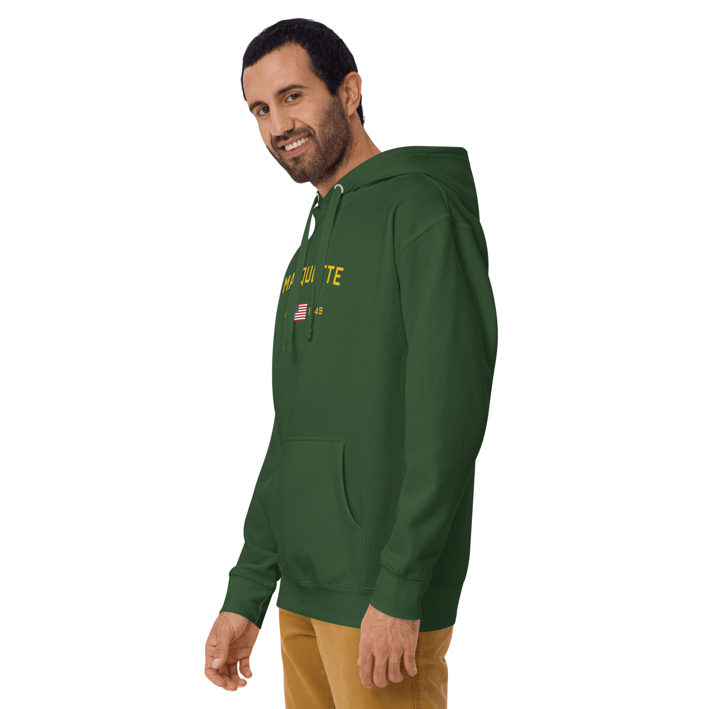 'Marquette EST 1849' Hoodie (Gold Type w/ USA Flag Outline) | Unisex Premium - Circumspice Michigan