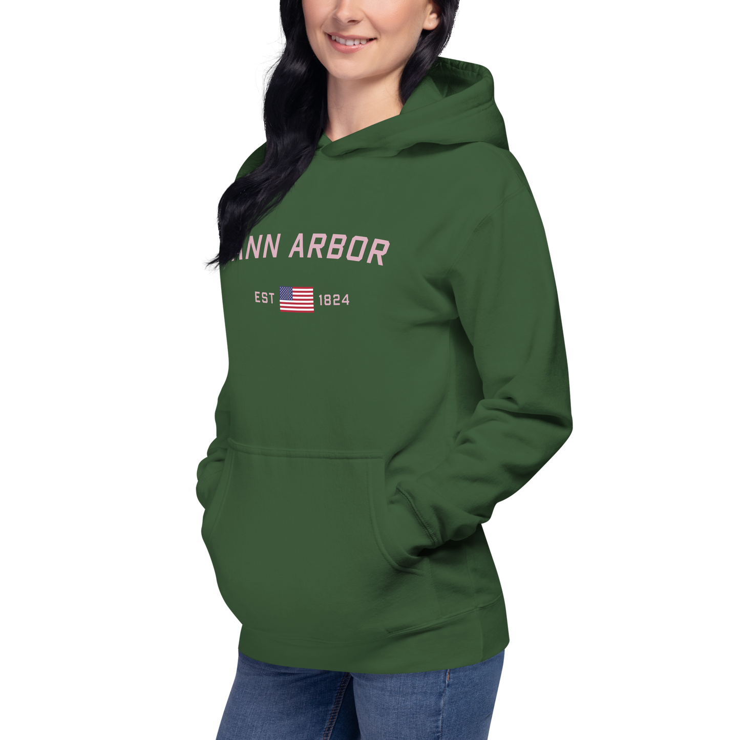 'Ann Arbor 1824' Unisex Premium Hoodie (Pink Type w/USA Flag Outline)