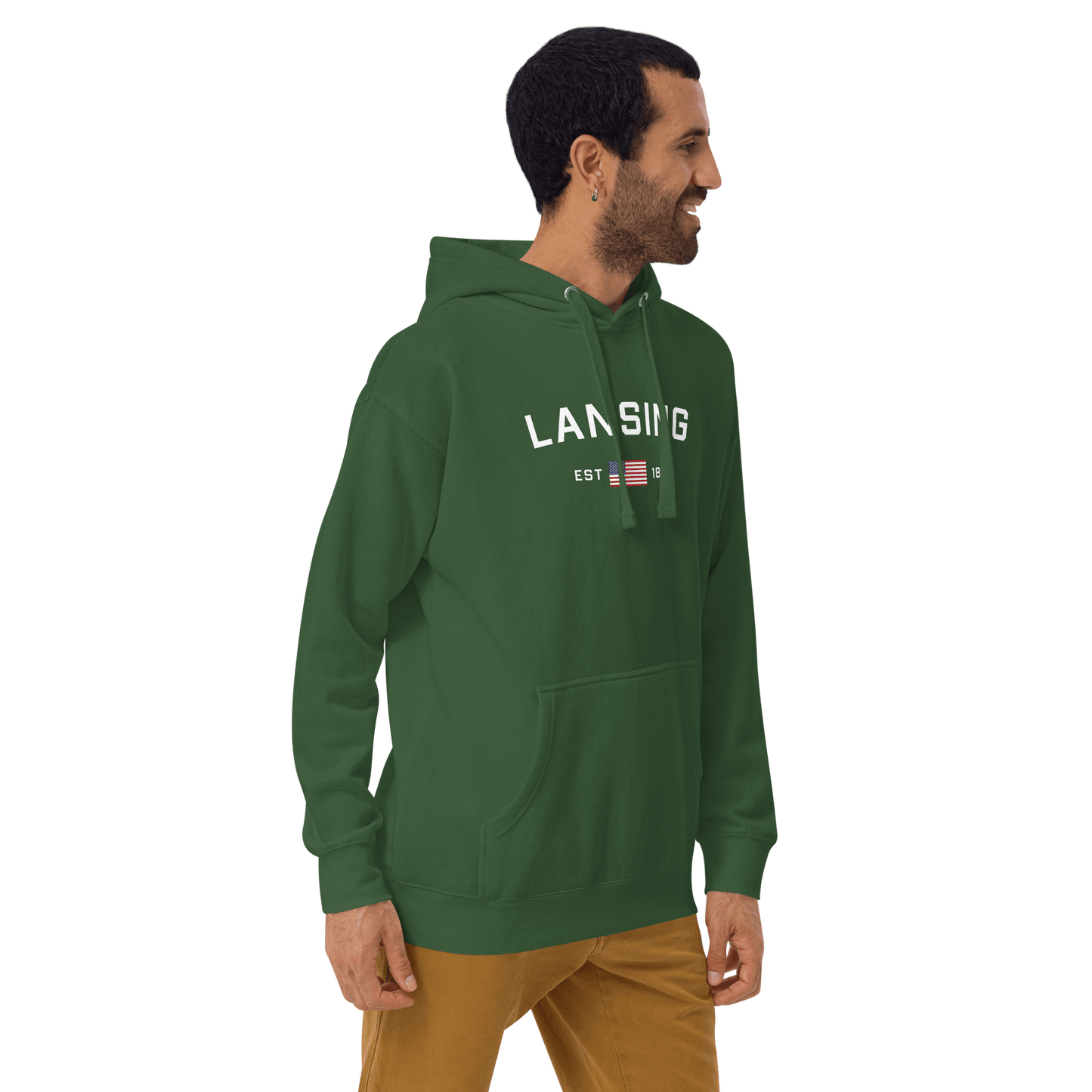 'Lansing EST 1848' Hoodie (w/. USA Flag Outline) | Unisex Premium - Circumspice Michigan