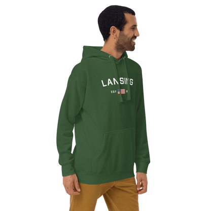 'Lansing EST 1848' Hoodie (w/. USA Flag Outline) | Unisex Premium - Circumspice Michigan