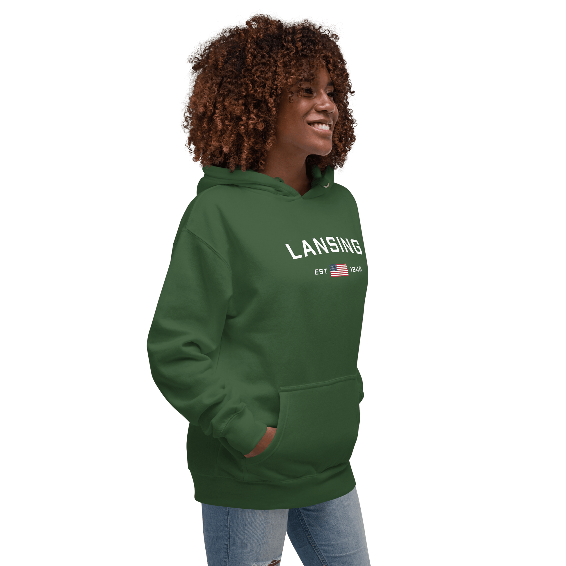 'Lansing EST 1848' Hoodie (w/. USA Flag Outline) | Unisex Premium - Circumspice Michigan