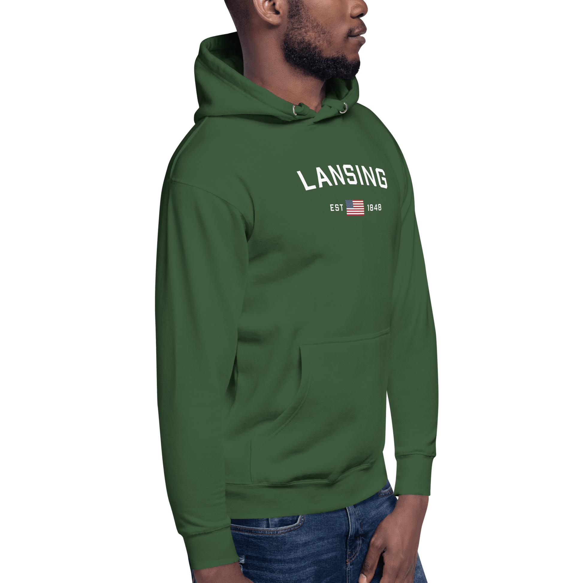 'Lansing EST 1848' Hoodie (w/. USA Flag Outline) | Unisex Premium - Circumspice Michigan