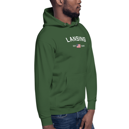 'Lansing EST 1848' Hoodie (w/. USA Flag Outline) | Unisex Premium - Circumspice Michigan