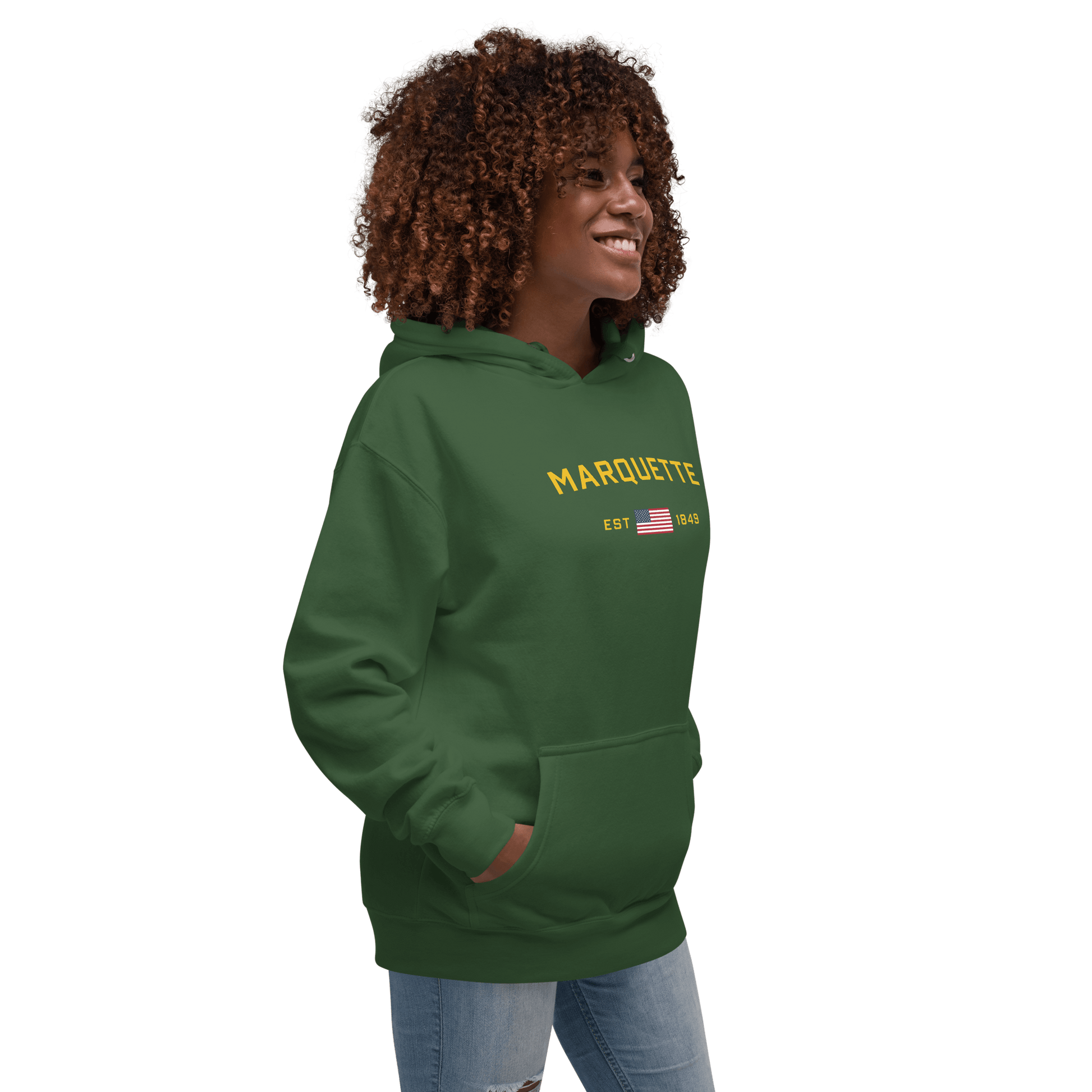 'Marquette EST 1849' Hoodie (Gold Type w/ USA Flag Outline) | Unisex Premium - Circumspice Michigan