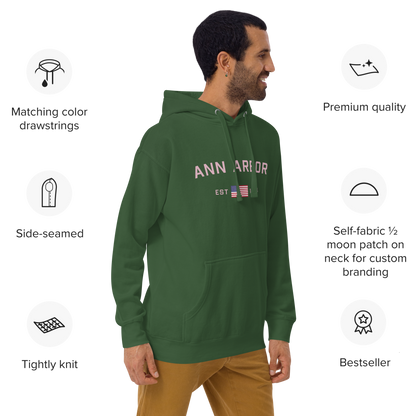 'Ann Arbor 1824' Unisex Premium Hoodie (Pink Type w/USA Flag Outline)