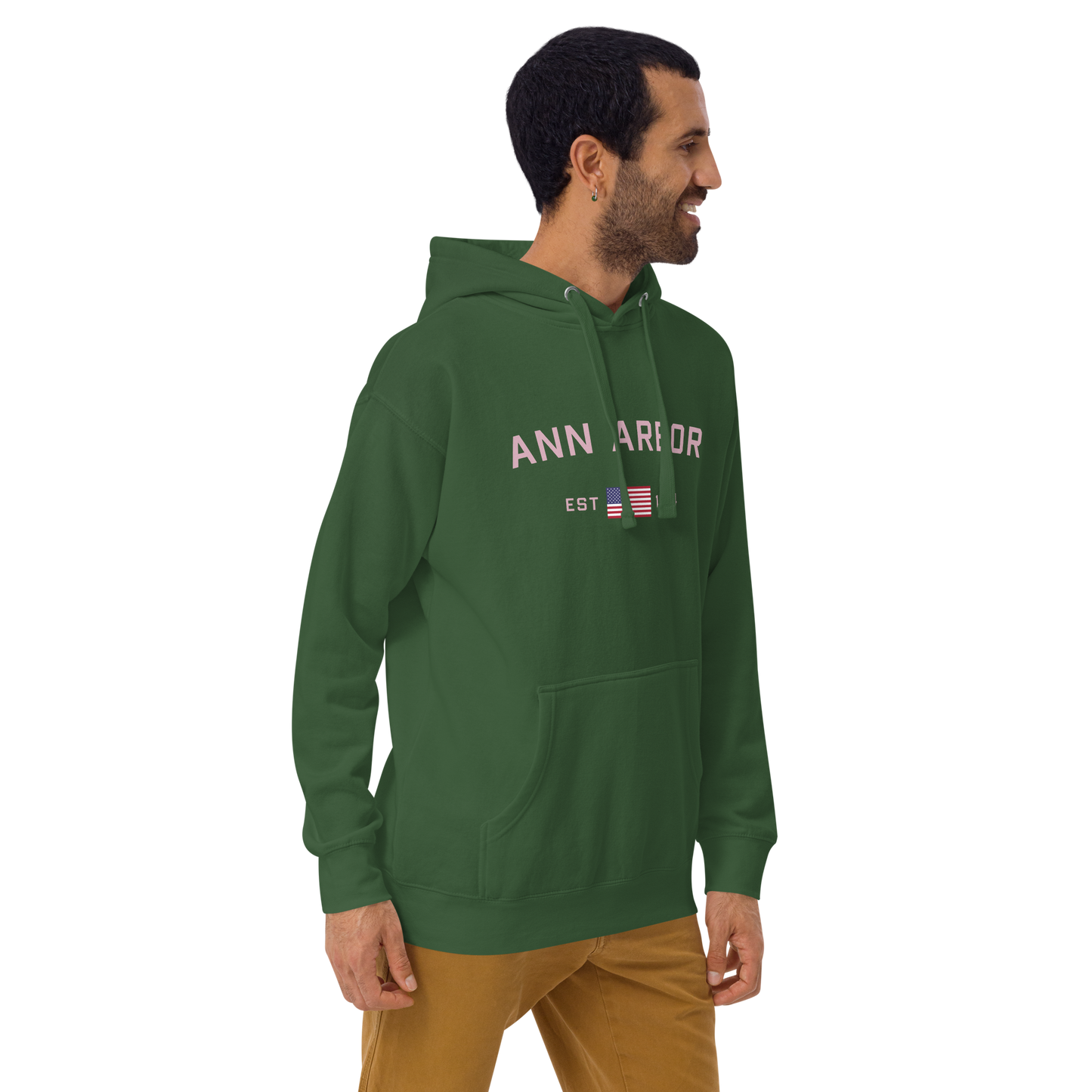 'Ann Arbor 1824' Unisex Premium Hoodie (Pink Type w/USA Flag Outline)