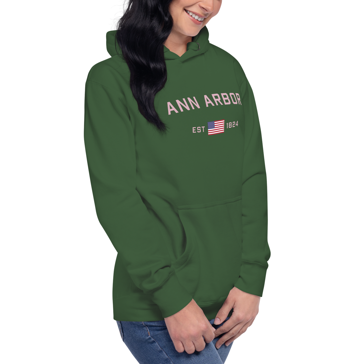 'Ann Arbor 1824' Unisex Premium Hoodie (Pink Type w/USA Flag Outline)