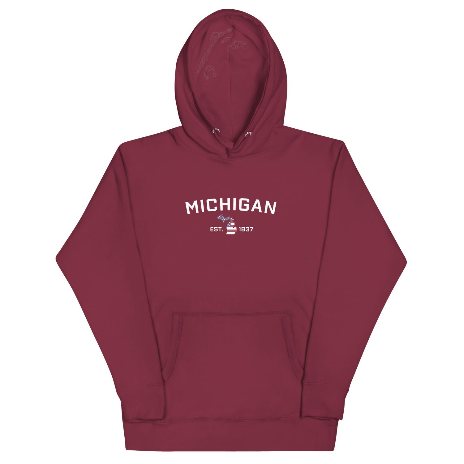 'Michigan EST 1837' Hoodie (w/ USA Flag MI Outline) | Unisex Premium - Circumspice Michigan