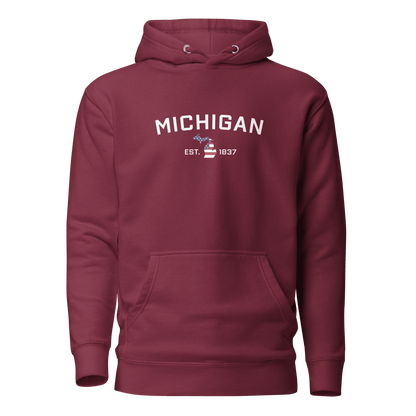 'Michigan EST 1837' Hoodie (w/ USA Flag MI Outline) | Unisex Premium - Circumspice Michigan