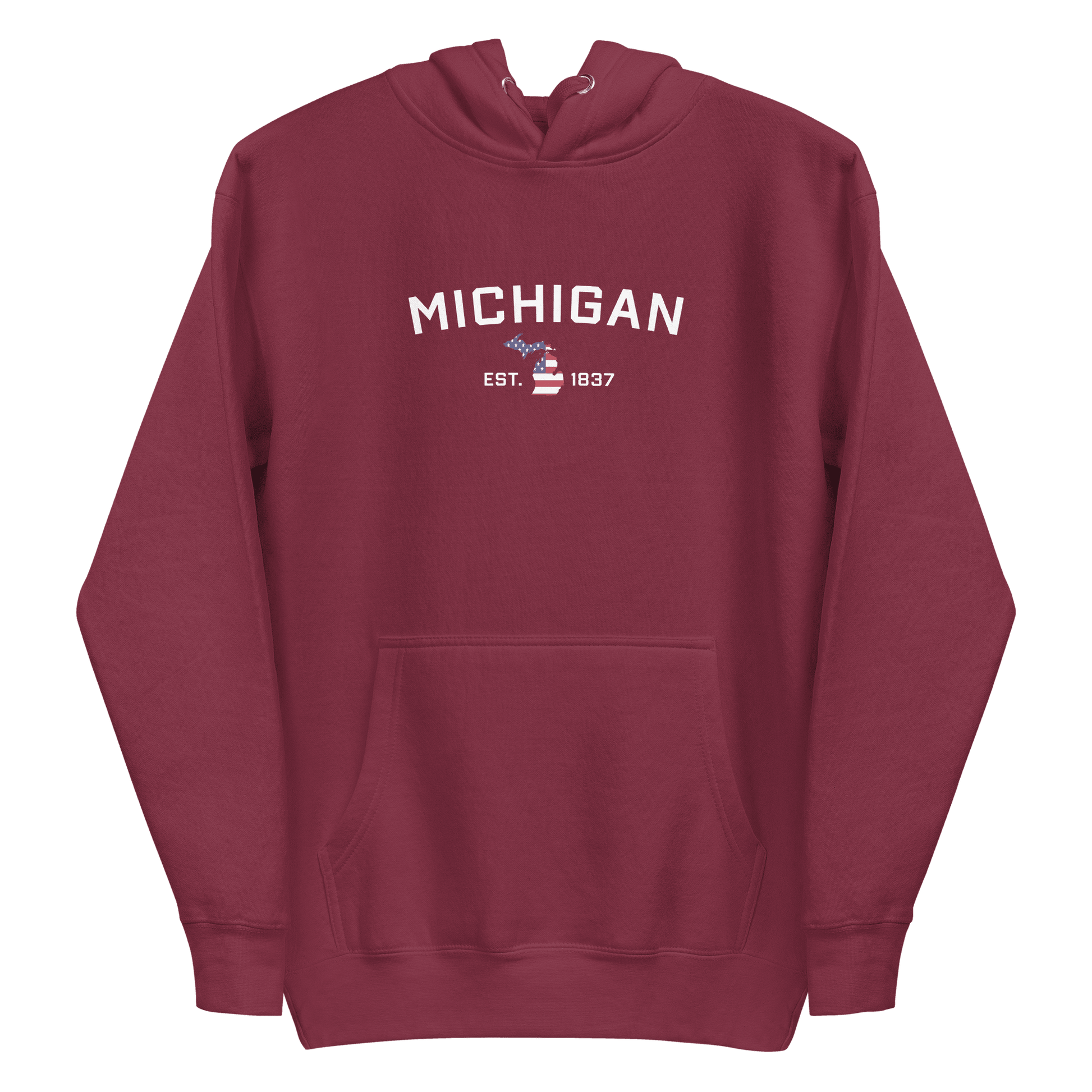 'Michigan EST 1837' Hoodie (w/ USA Flag MI Outline) | Unisex Premium - Circumspice Michigan