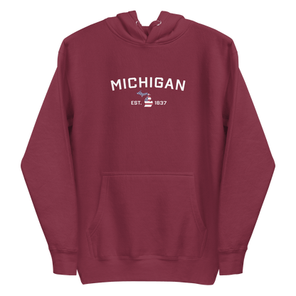 'Michigan EST 1837' Hoodie (w/ USA Flag MI Outline) | Unisex Premium - Circumspice Michigan