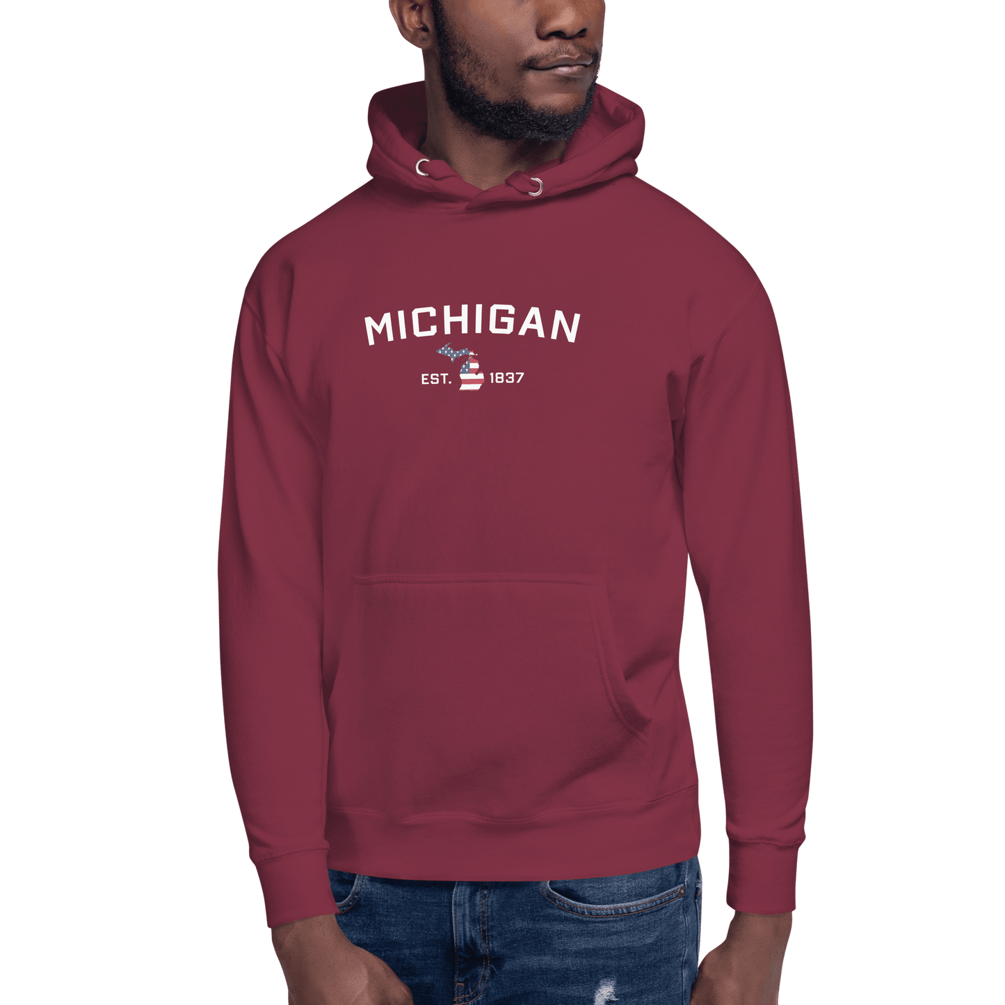 'Michigan EST 1837' Hoodie (w/ USA Flag MI Outline) | Unisex Premium - Circumspice Michigan