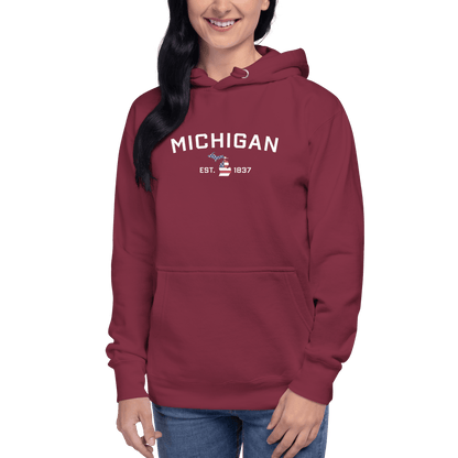 'Michigan EST 1837' Hoodie (w/ USA Flag MI Outline) | Unisex Premium - Circumspice Michigan