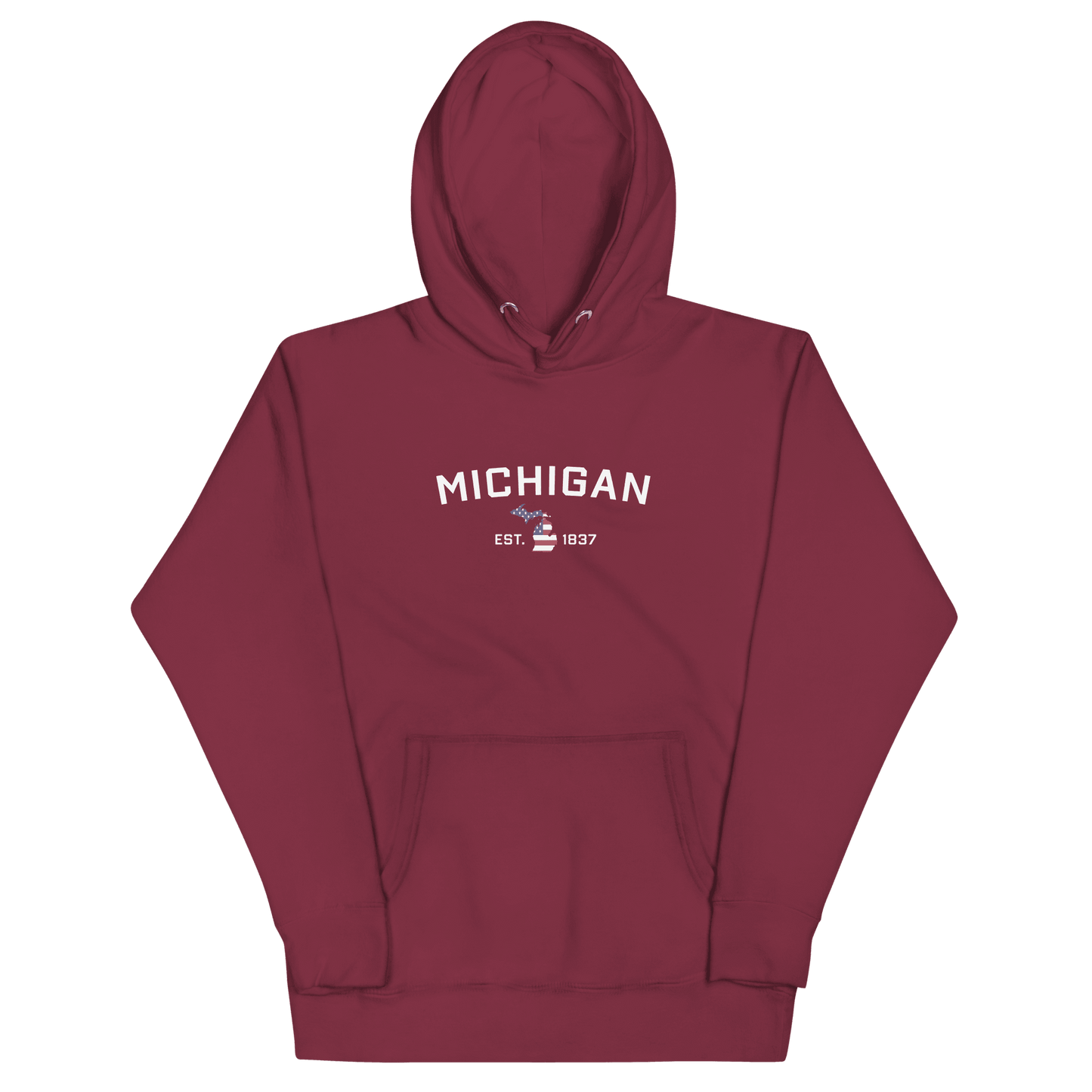 'Michigan EST 1837' Hoodie (w/ USA Flag MI Outline) | Unisex Premium - Circumspice Michigan