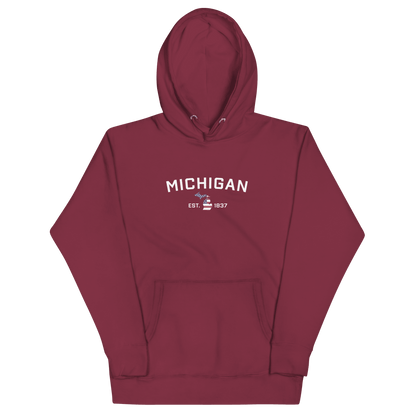 'Michigan EST 1837' Hoodie (w/ USA Flag MI Outline) | Unisex Premium - Circumspice Michigan