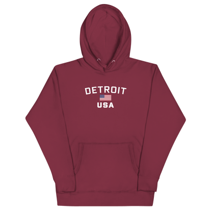 'Detroit USA' Hoodie (White/Navy w/ USA Flag)  Unisex Premium - Circumspice Michigan