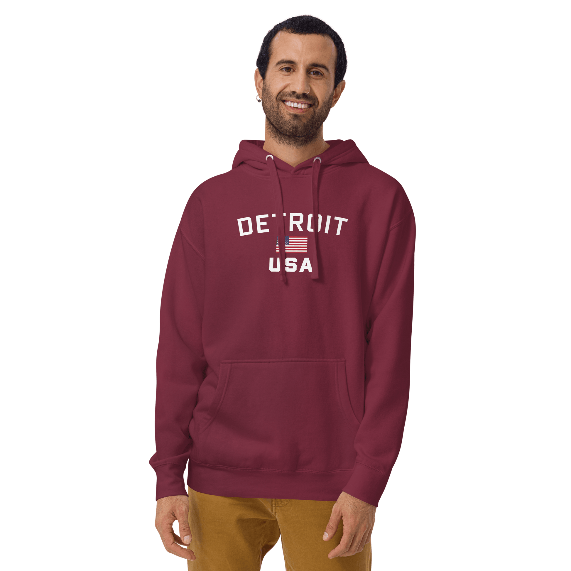 'Detroit USA' Hoodie (White/Navy w/ USA Flag)  Unisex Premium - Circumspice Michigan