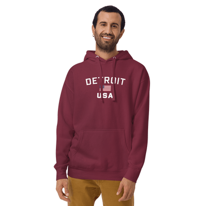 'Detroit USA' Hoodie (White/Navy w/ USA Flag)  Unisex Premium - Circumspice Michigan