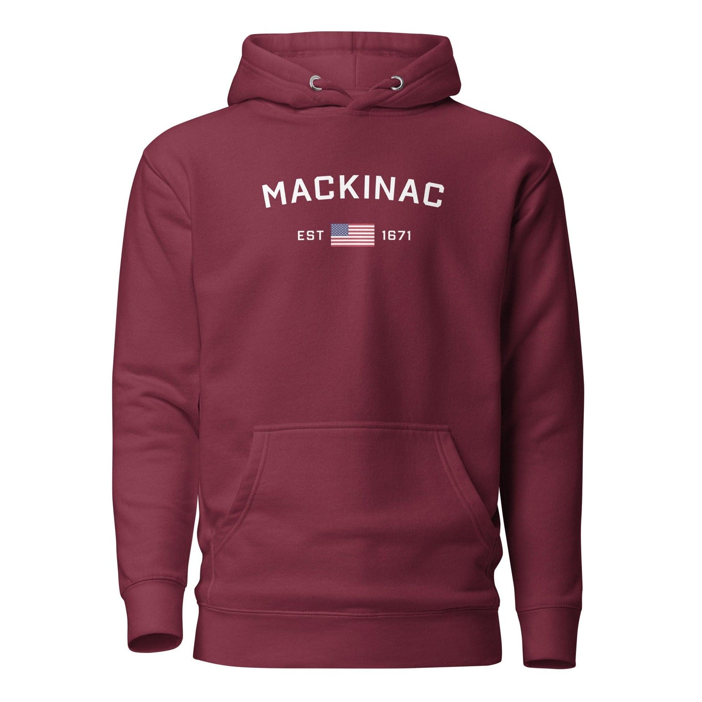 'Mackinac EST 1671' Hoodie (w/ USA Flag Outline) | Unisex Premium - Circumspice Michigan