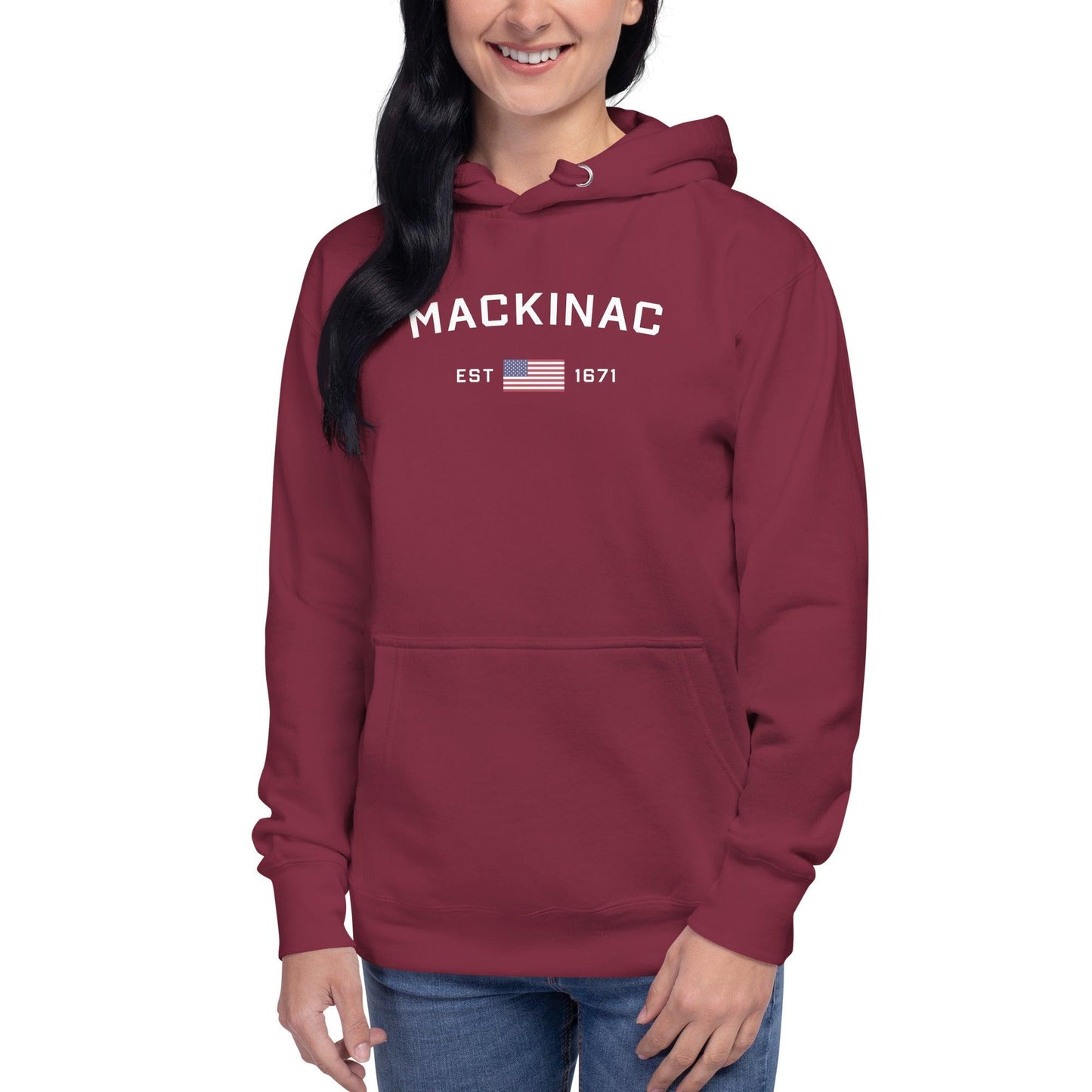 'Mackinac EST 1671' Hoodie (w/ USA Flag Outline) | Unisex Premium - Circumspice Michigan