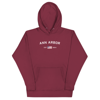 'Ann Arbor EST 1824' Hoodie (w/ USA Flag Outline) | Unisex Premium - Circumspice Michigan