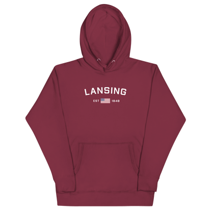 'Lansing EST 1848' Hoodie (w/. USA Flag Outline) | Unisex Premium - Circumspice Michigan