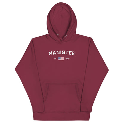 'Manistee EST 1840' Hoodie (w/USA Flag Outline) | Unisex Premium - Circumspice Michigan