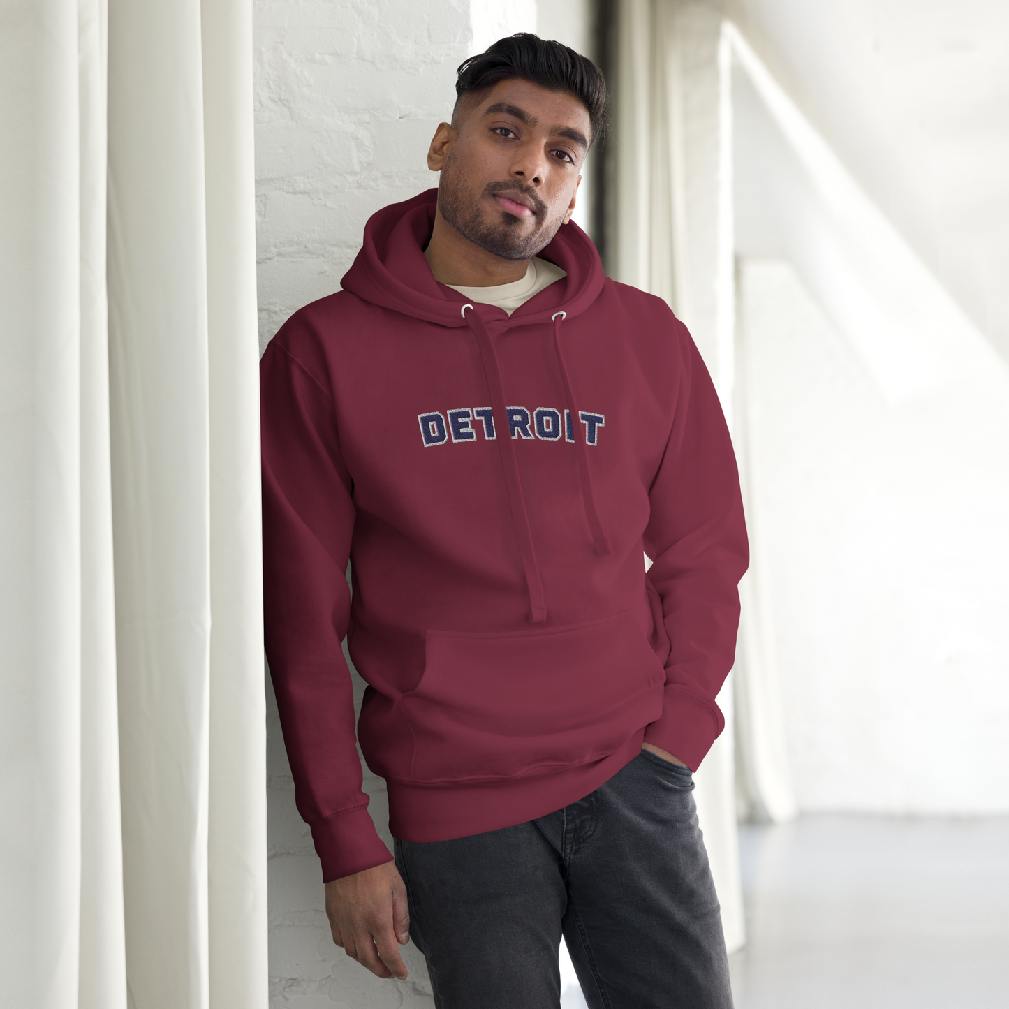 'Detroit' Unisex Premium Hoodie (Athletic Font) | Navy Embroidery